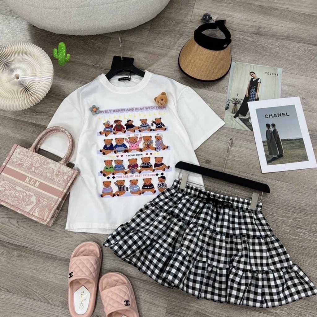 Set áo thun nữ form rộng thêu hình gấu kèm chân váy chữ A ngắn