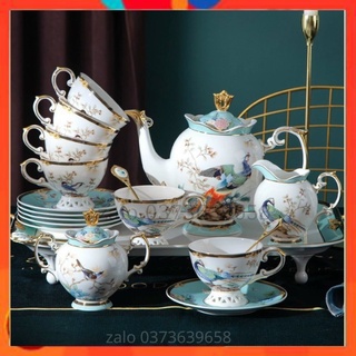 Bộ ấm pha trà sứ xương vẽ vàng cao cấp-hoạ tiết chim công-bộ tách trà đẹp sang chảnh độc đáo,quà tặng ý nghĩa