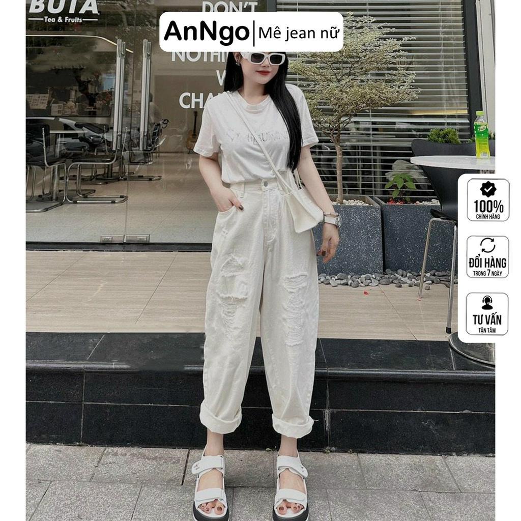 Quần jean baggy nữ dài trắng phối đồ cực sang, chất liệu jean không co giãn, rách gối ANNGO -  AT293