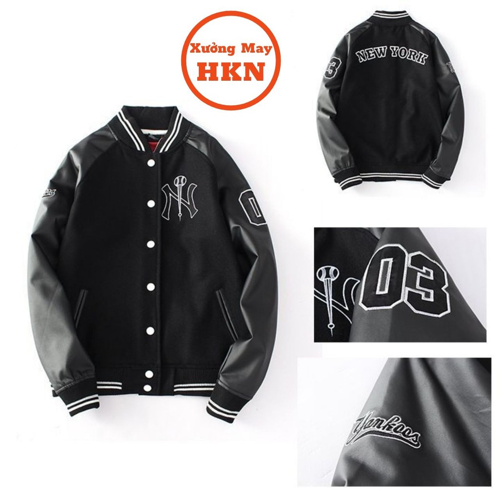 Áo Khoác Bomber Jacket Varsity Cardigan NY Nam Nữ Phối Tay Da Mã 306 Xưởng May HKN