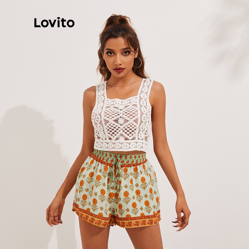 Áo kiểu dệt kim LOVITO hở vai khoét rỗng họa tiết hoa có dây phong cách boho L13X024 (Màu trắng) | BigBuy360 - bigbuy360.vn