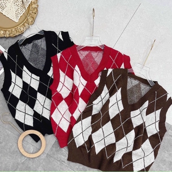 Áo Gile Len Nữ Ô Trám Cổ V 3 Màu Đen Nâu Đỏ Phong Cách Hàn Quốc Vintage 2021