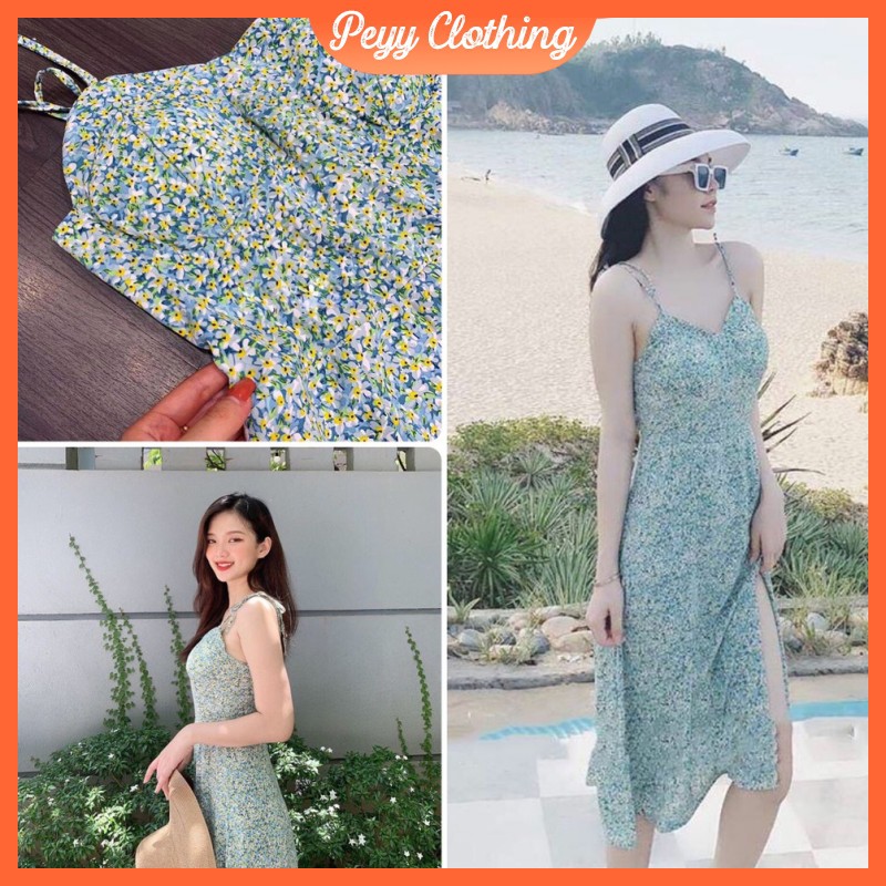 Váy hoa nhí 2 dây dáng dài đi biển ulzzang Hàn Quốc, Váy 2 dây hoa nhí kèm mút ngực Vintage VTT1 - Peyy clothig