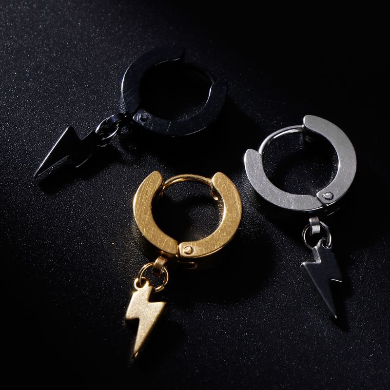 Bông tai thép titan mặt hình sấm sét độc đáo cá tính thời trang