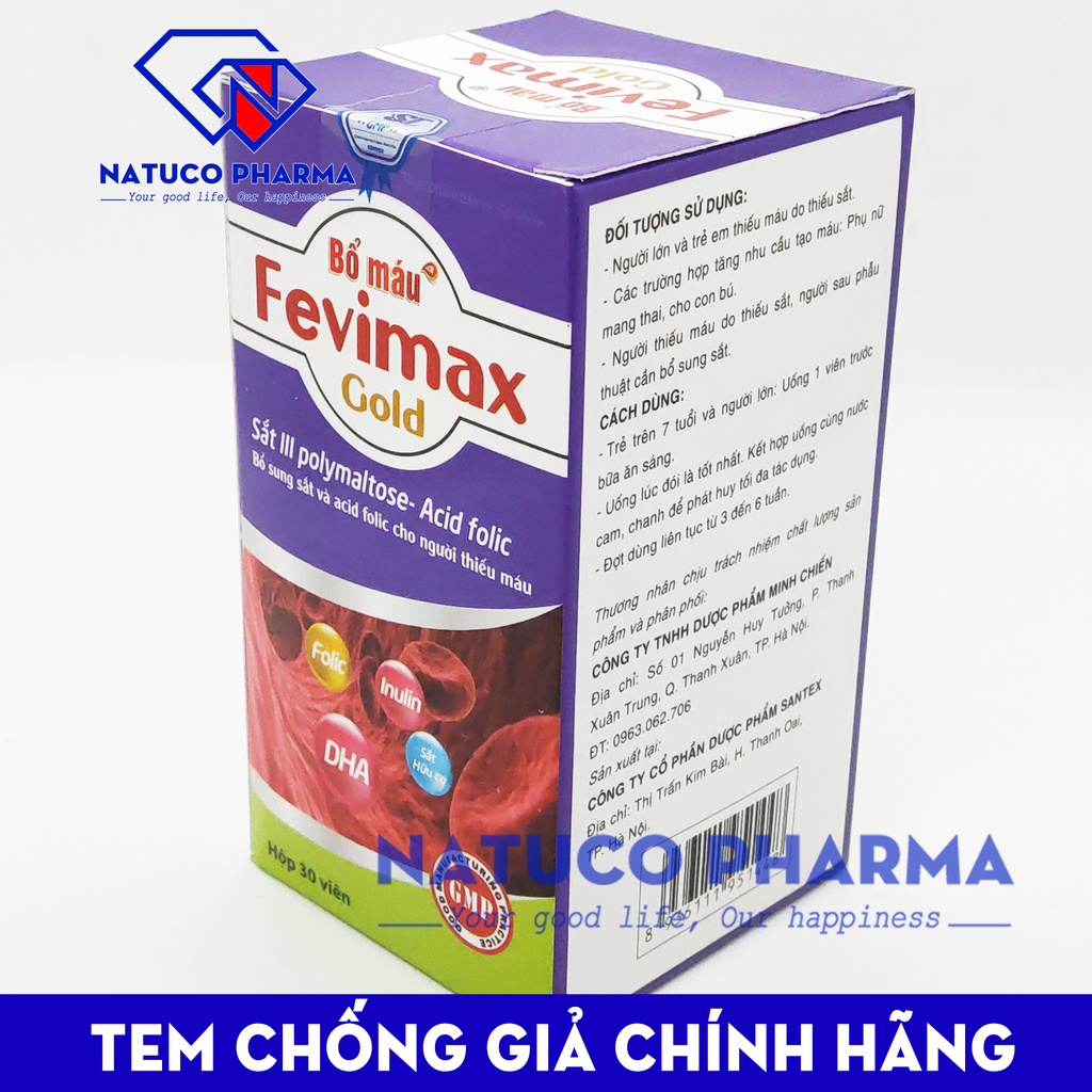 Fevimax Gold Viên uống Bổ máu bổ sung Sắt, Acid Folic cho người thiếu máu não, phụ nữ mang thai và cho con bú - Lọ 30v
