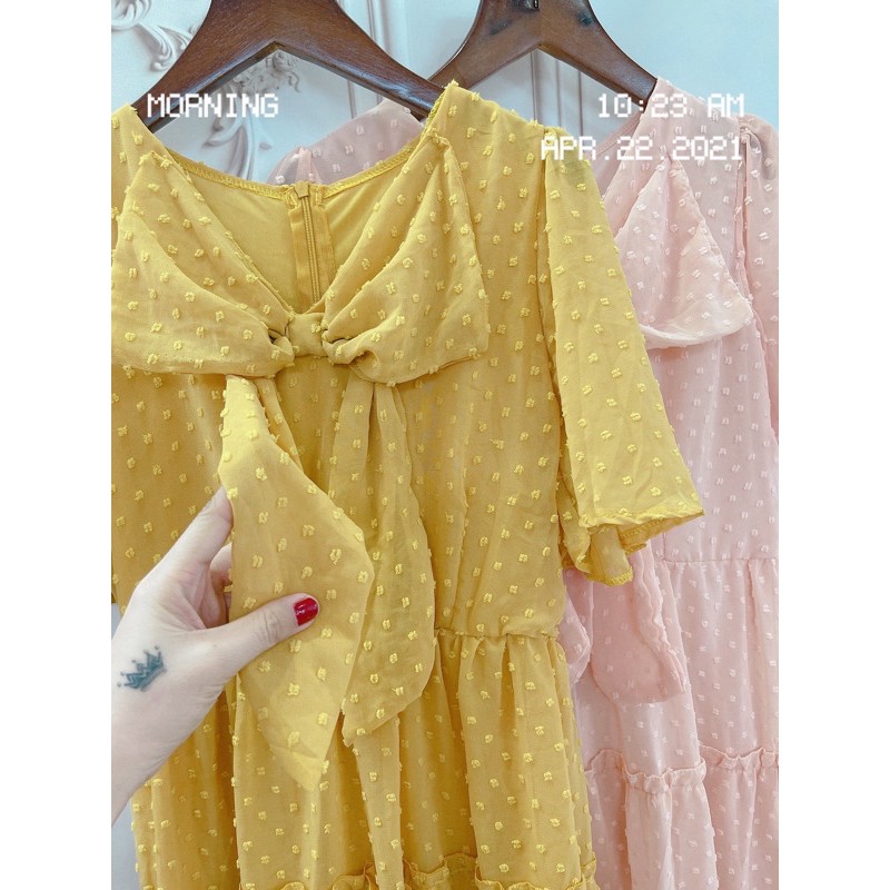 Đầm maxi voan bi nổi nơ, Đầm Váy Xoè Nơ Vol Bi Nổi Kèm Lót Cao Cấp | BigBuy360 - bigbuy360.vn