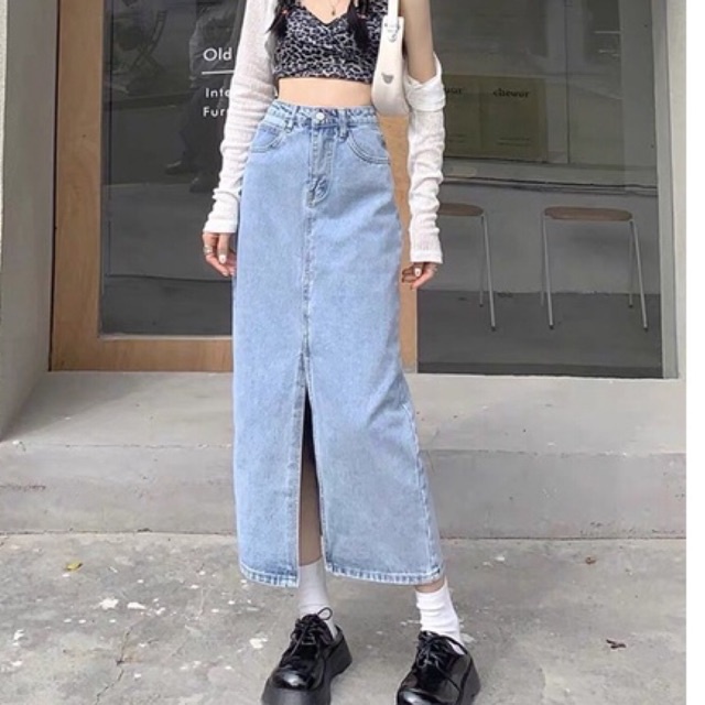 Chân váy dài cạp cao xẻ trước phong cách Ulzzang_A12