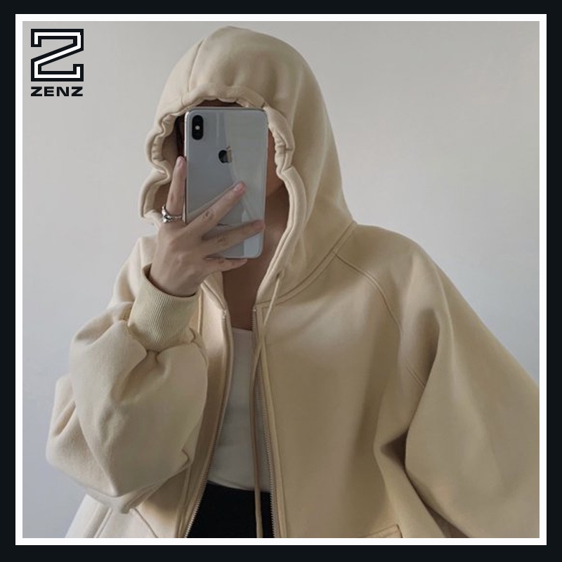 ÁO KHOÁC NỈ ⚡ HOODIE ZIP ⚡ Áo khoác Hoodie nam nữ màu Be, áo khoác nỉ form rộng, tay phồng hàng xuất khẩu