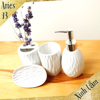 Chai đựng xà phòng, ống cắm bàn chải đánh răng, đĩa đựng xà phòng bằng sứ, bộ phụ kiện nhà tắm 4 món L-11