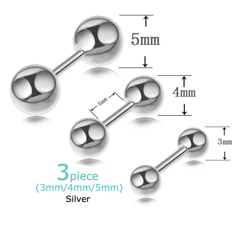 Bộ 3 Khuyên Tai Hình Quả Tạ 16g 3 / 4 / 5mm