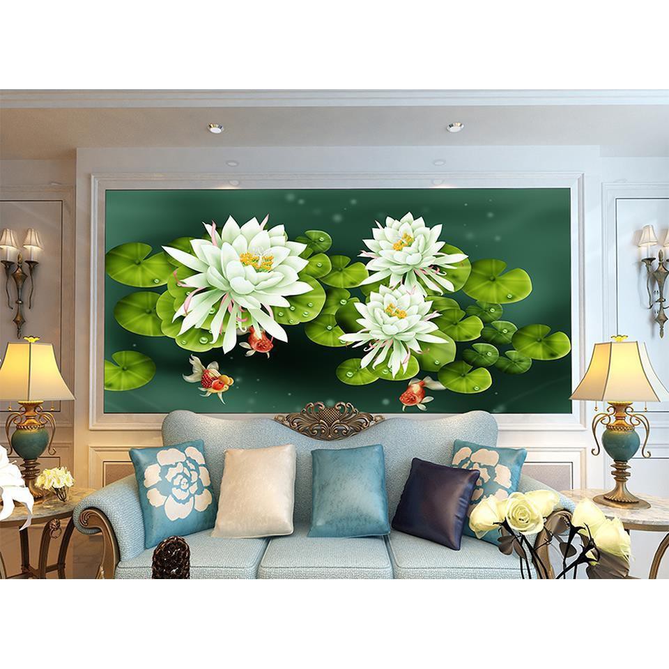 Tranh đính đá Sen trắng sang trọng, treo phòng khách, sẵn đá tròn, kích thước 60 x 120 cm