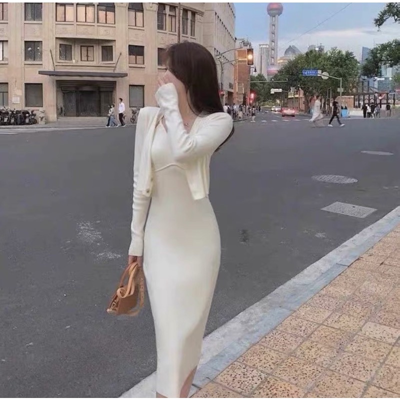 Set Đầm Len Ôm Body Dáng Dài Kèm Áo Khoác Cardigan Set Váy 2 Dây