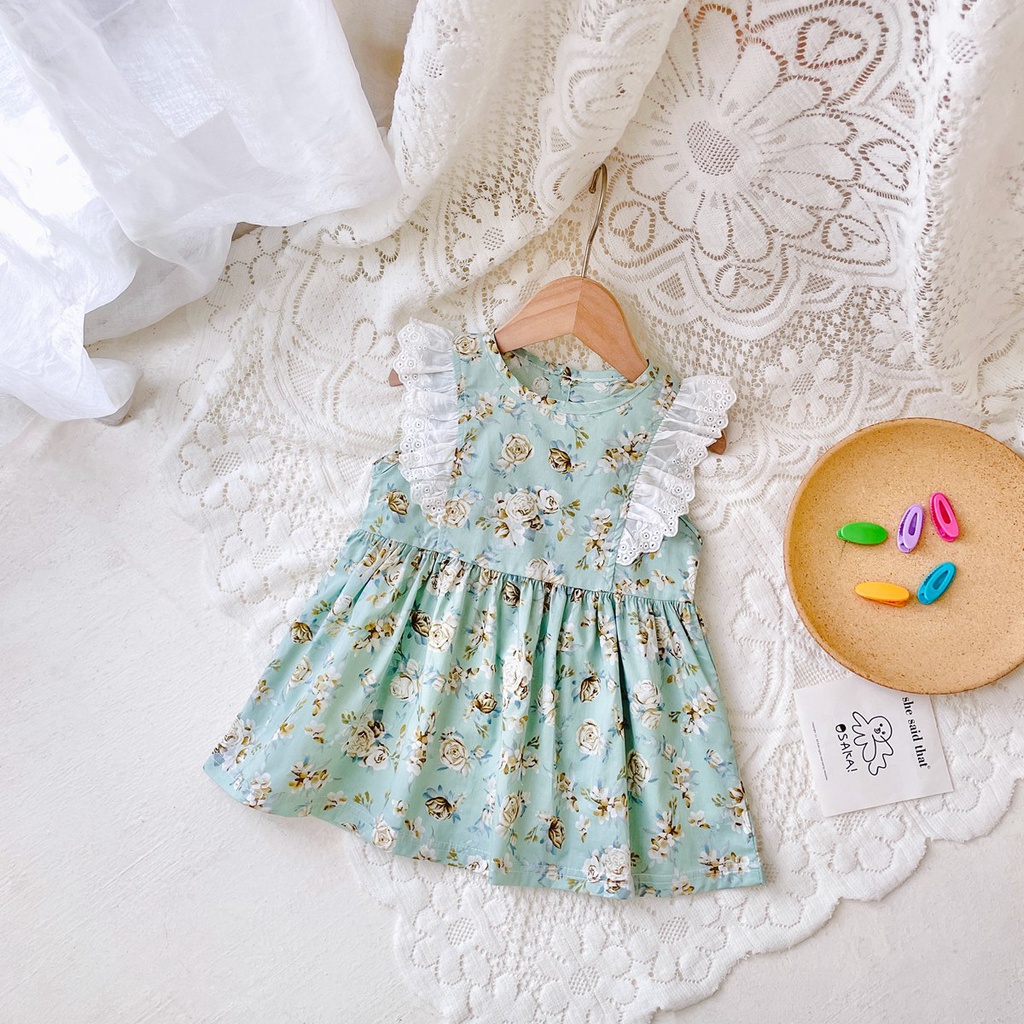 Đầm công chúa Sanlutoz không tay vải cotton phối ren hoa thời trang hè dễ thương cho bé gái sơ sinh