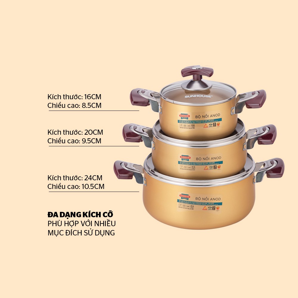 Bộ 3 nồi Anod Sunhouse Vàng SH6634 - Kim Bảo Official Store