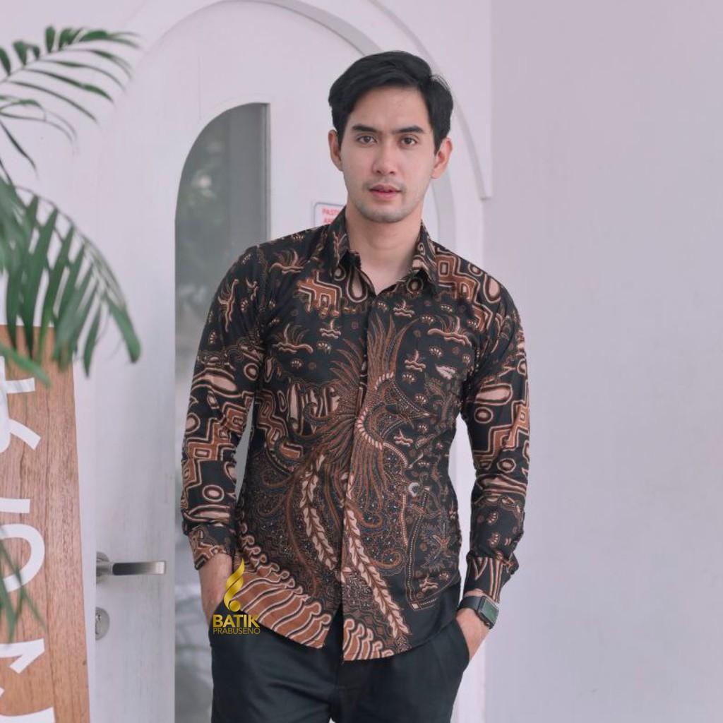 Cantaka Áo Sơ Mi Dài Tay Bằng Cotton Ôm Dáng Viền In Hình Batik Hiện Đại Cho Nam Văn Phòng