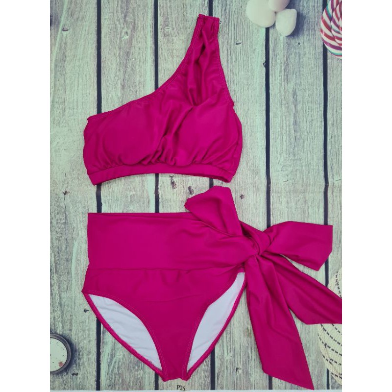 Bikini bộ bơi áo lệch vai phối khoen vuông quần nơ dài phong cách Hy Lạp - EVA 2MHL