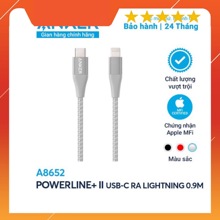 [Không kèm bao da] Cáp sạc ANKER PowerLine+ II Lightning to USB-C dài 0.9m - A8652