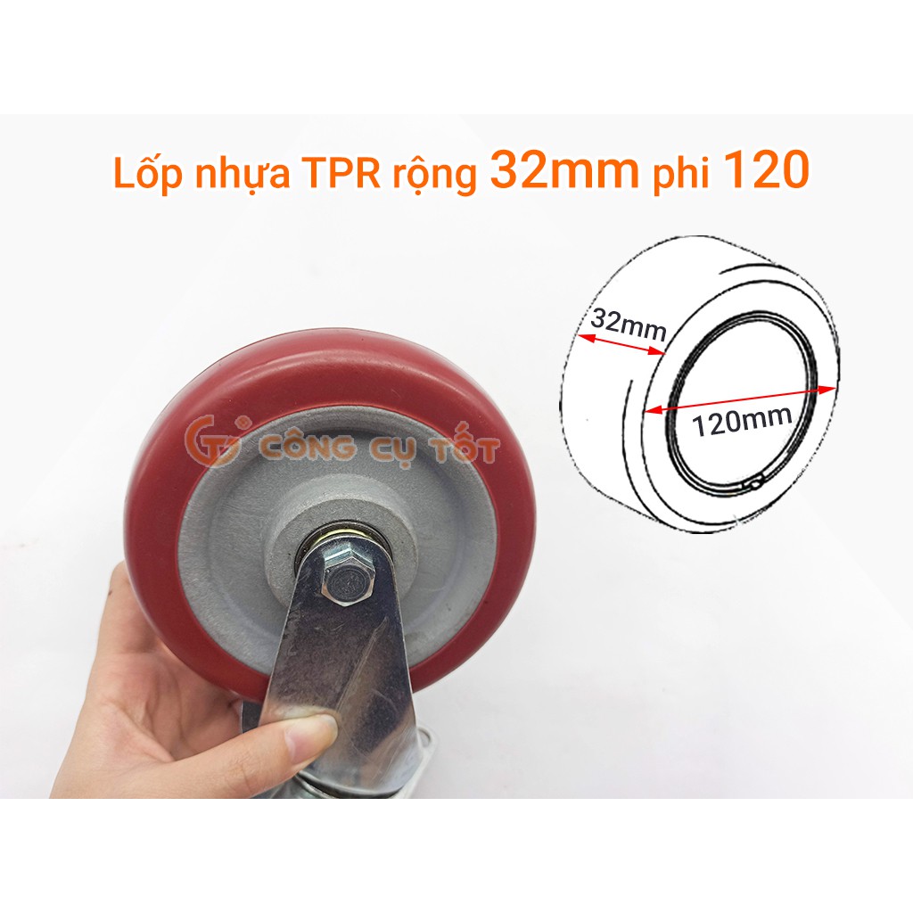 Bánh xe đẩy mặt đế xoay càng sắt mạ kền tải trọng 65kg lốp nhựa TPR đỏ mận rộng 32mm Φ120mm