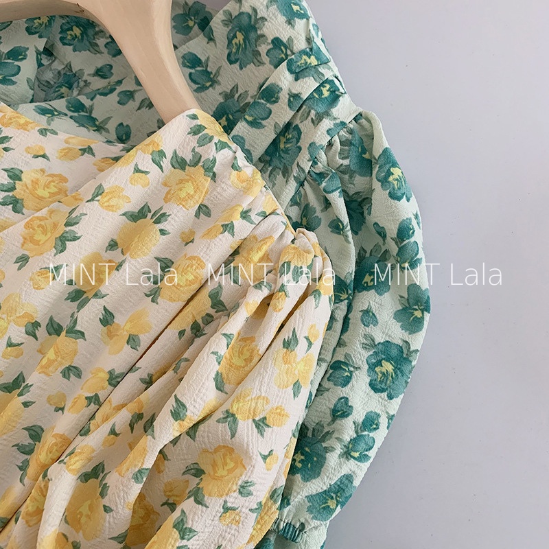 Váy Đầm BabyDoll Hoa Tay Bồng Nhún Eo Nữ - Hàng Quảng Châu