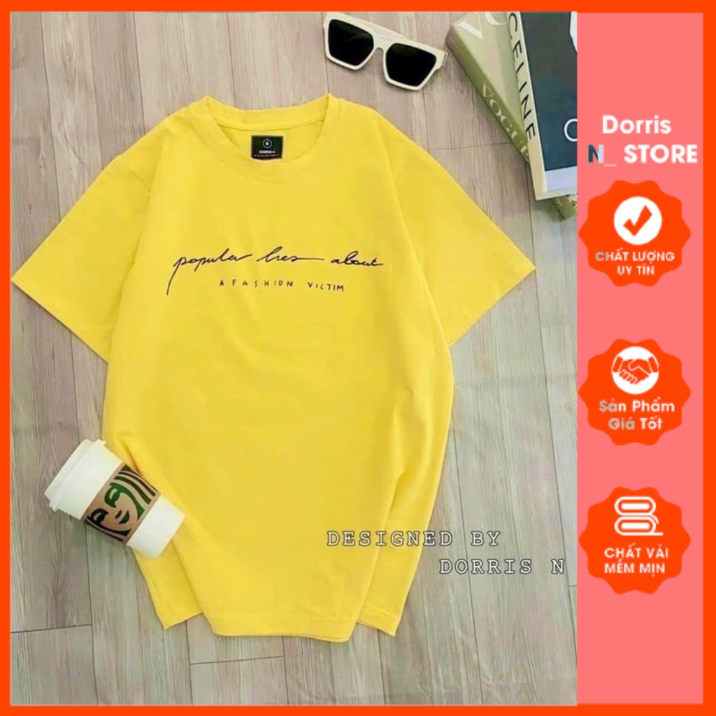 Áo Thun Ngắn Tay Nữ Cổ Tròn Họa Tiết Chứ Chạy Ngang Chất Vải Cotton 100% Thoáng Mát Mềm Mịn Thấm Hút Mồ Hôi Màu Vàng