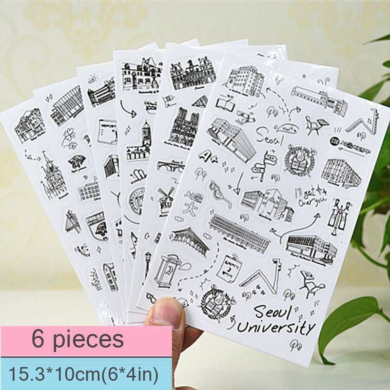 Bộ 6 tờ sicker hình toà nhà dùng trang trí