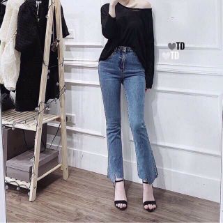 Bán sỉ Quần jean loe trơn mài xẻ gấu