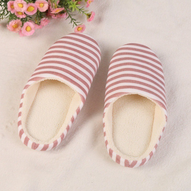 Dép bông đi trong nhà vải cotton mềm họa tiết sọc ngang cho nam nữ