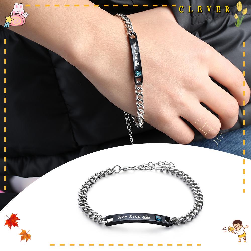 CLEVER Vòng tay kiểu cặp đôi bằng thép không gỉ khắc chữ Her King/ His Queen thời trang dành cho nam nữ
