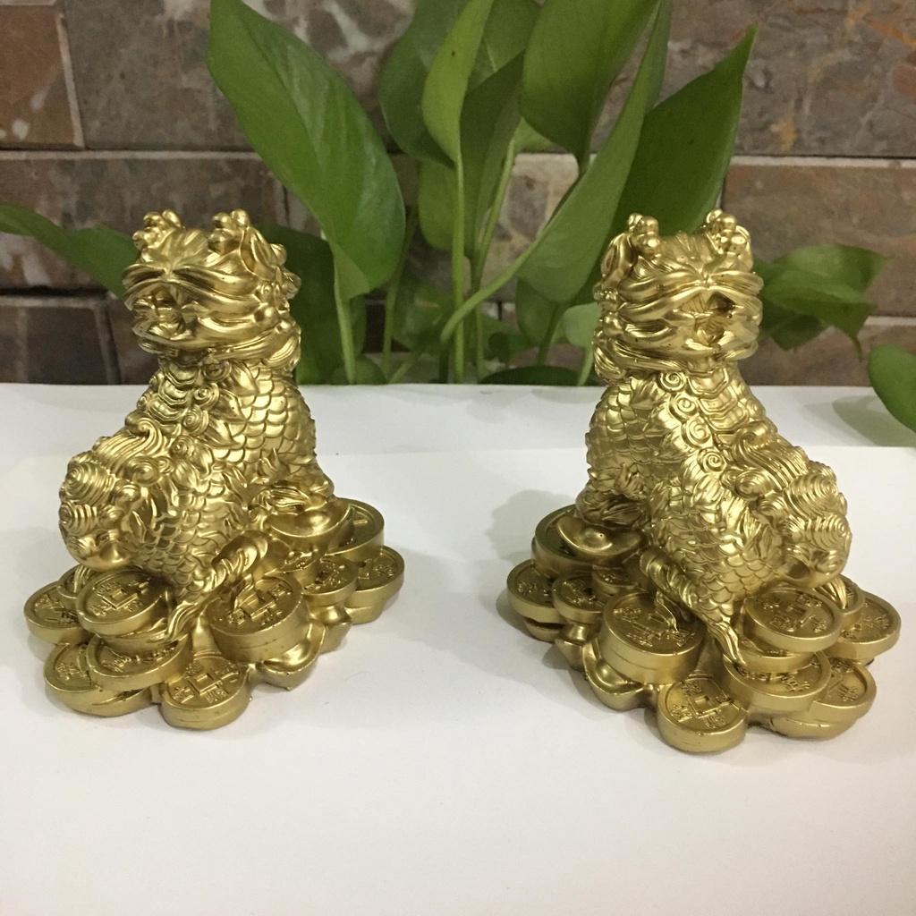 Tượng kỳ lân phong thủy màu vàng sơn đồng 1 cặp 2 ông  cao 11 cm trừ tà, trấn sát, cải vận mang tài lộc