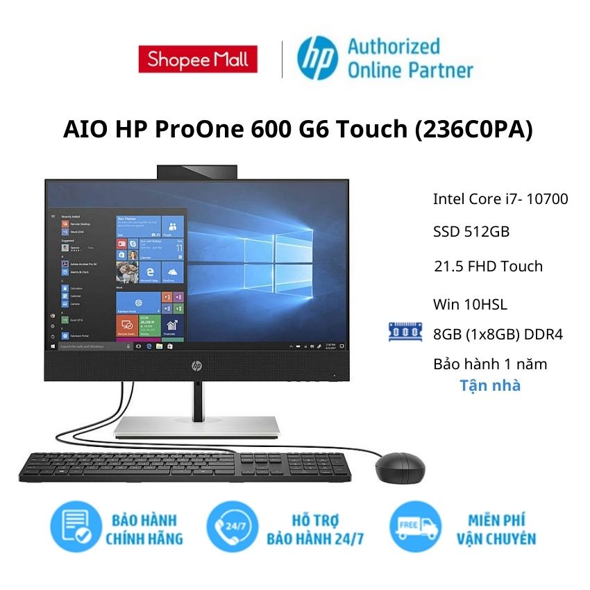 [ELHP15 giảm 10% tối đa 2TR2] Máy tính để bàn HP ProOne 600 G6 AiO Touch (236C0PA)/Core i7/ RAM 8GB/ SSD 512GB/ 21.5''