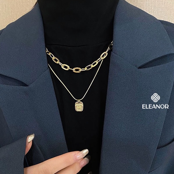 Dây chuyền layer nữ titan Eleanor Accessories sợi kép mắt xích mặt khắc chữ phụ kiện trang sức 3434