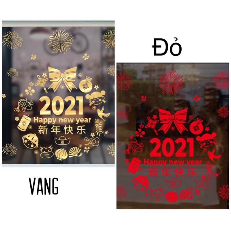 Decal rang trí Tết - Vòng 2021 Happy New Year Ánh Vàng đỏ cao cấp
