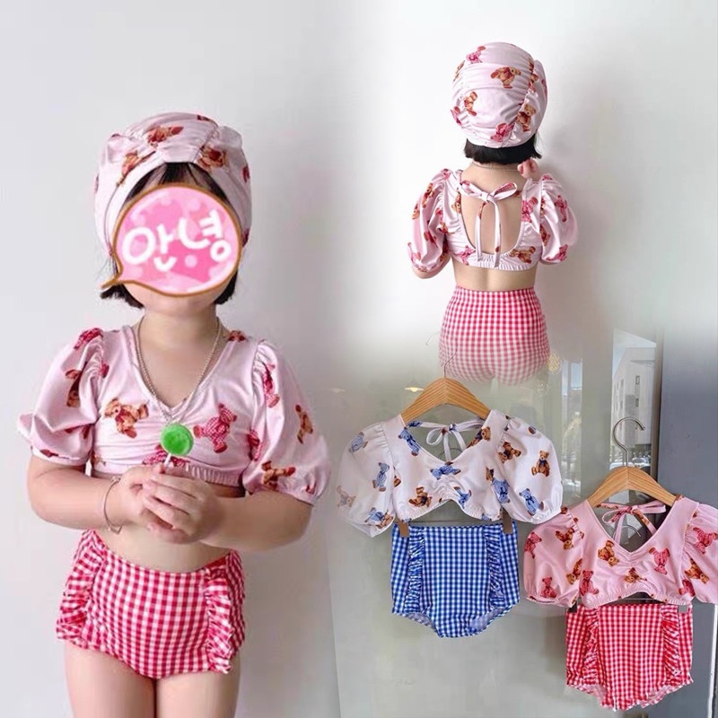 Bộ Đồ Bơi Ba Mảnh Áo Tay Ngắn + Quần Short + Nón Bơi Cho Bé Gái