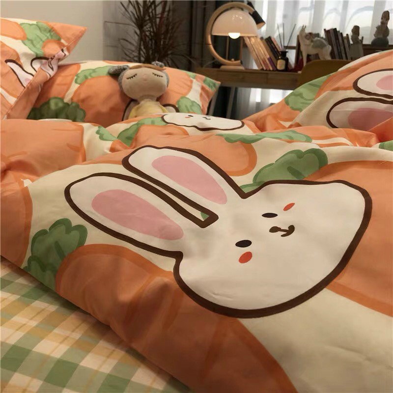 Bộ chăn ga Cotton Poly M2T bedding chăn ga Hàn Quốc thỏ ăn cà rốt đủ size miễn phí bo chun