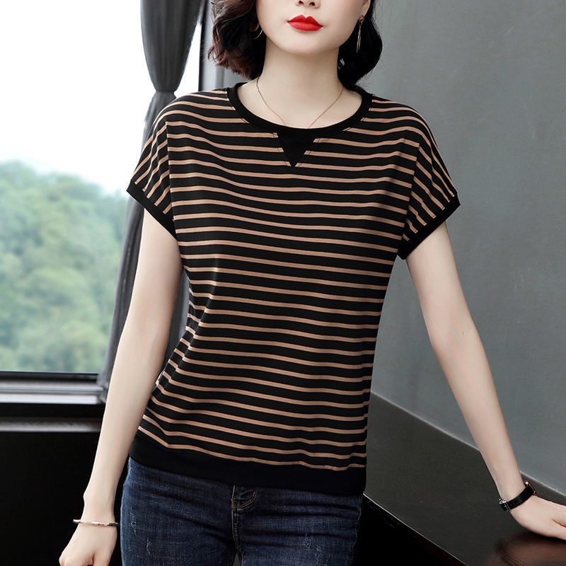 Áo thun tay ngắn dáng rộng họa tiết kẻ sọc thời trang mùa hè cho phụ nữ trung niên