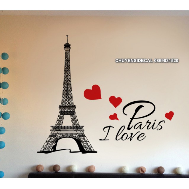 Decal trang trí tường - Tháp Paris Tim đỏ