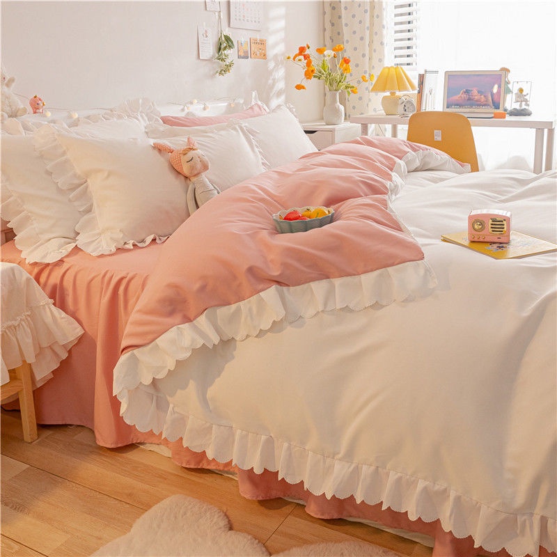 Bộ Chăn Ga Vỏ Gối Đệm Họa Tiết Trái Tim Màu Hồng / Trắng Dành Cho Giường Ngủ Ký Túc Xá Fv6F