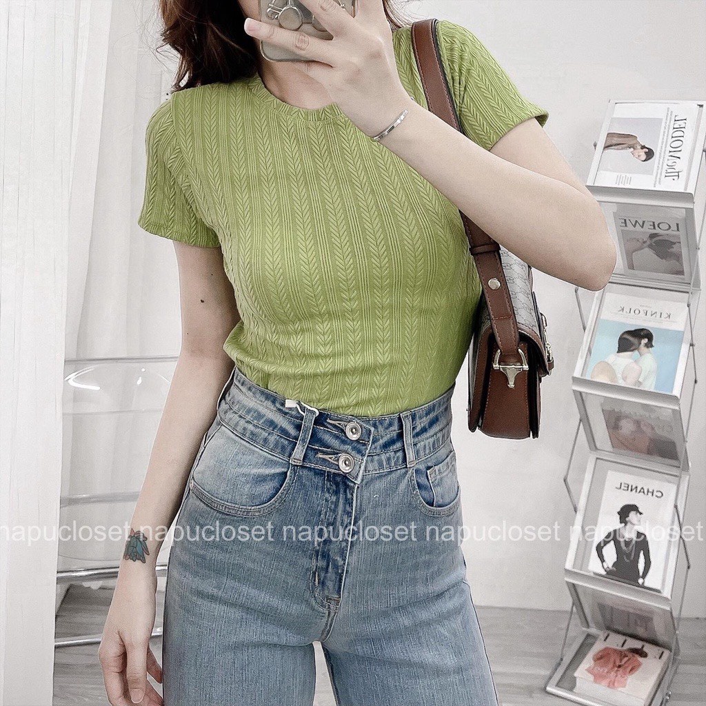Áo thun ôm tay ngắn cổ tròn - KÈM VIDEO CẬN CHẤT - chất len gân xịn, dày mềm co dãn tốt