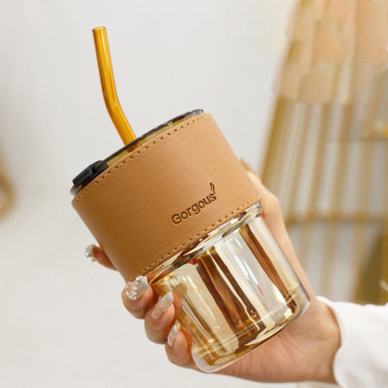 Cốc thuỷ tinhFREESHIPLy nước vỏ da có nắp và ống hút,Uống nước đẹp sang chảnh dung tích 450ml
