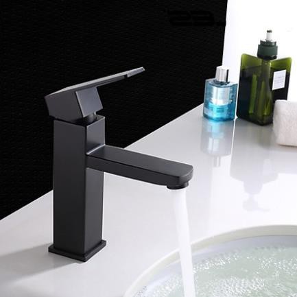 Vòi lavabo vuông nóng lạnh đen , Vòi inox 304 sơn tĩnh điện, tặng kèm 2dây cấp nước