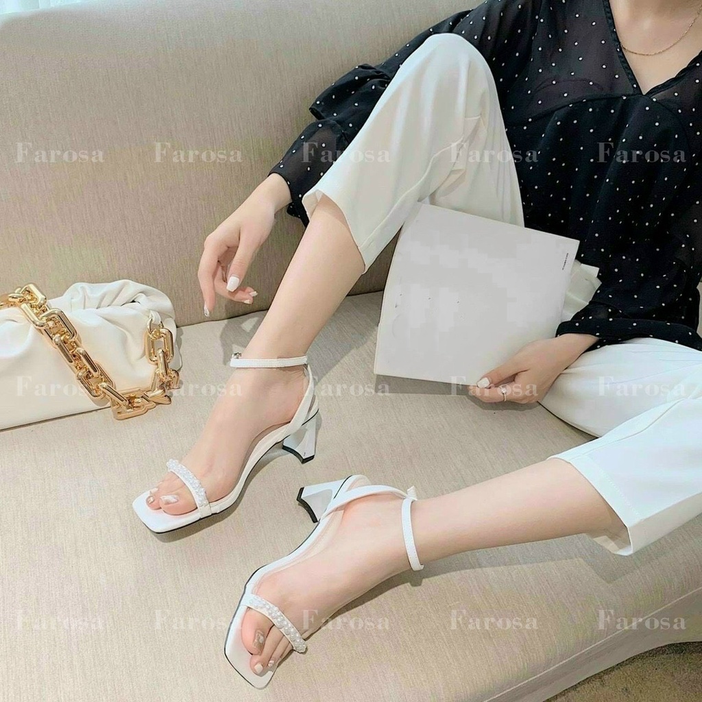 Dép sandal nữ gót dẹt 5 cm quai ngang đính hạt ngọc cực sang chảnh