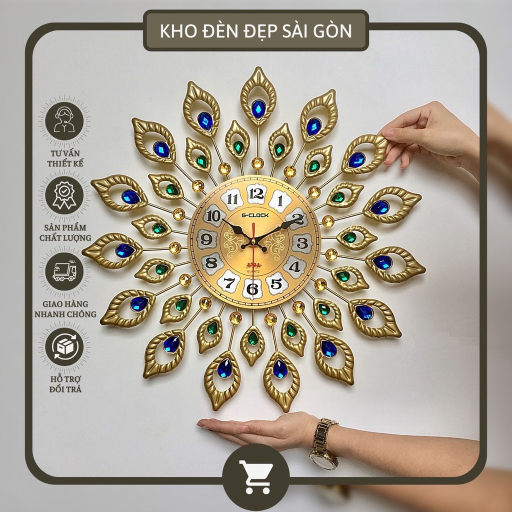 Đồng hồ trang trí, Đồng hồ treo tường Decor Hình hoa hướng dương Hình tròn Mặt nhôm mạ vàng Mã DH-2107