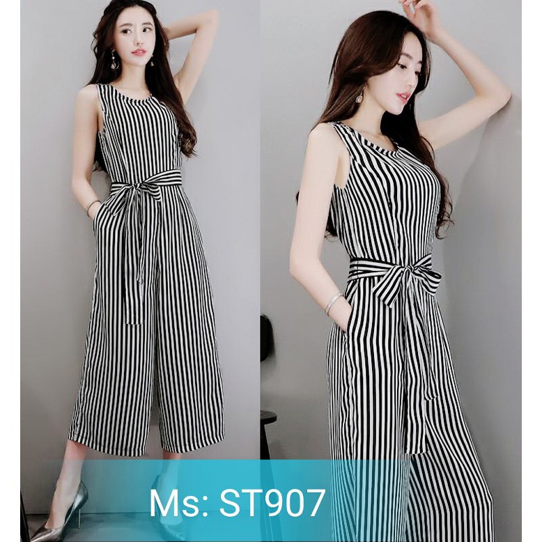Jumpsuit đồ bay lửng ống loe thắt dây nơ sọc trắng đen xinh xắn