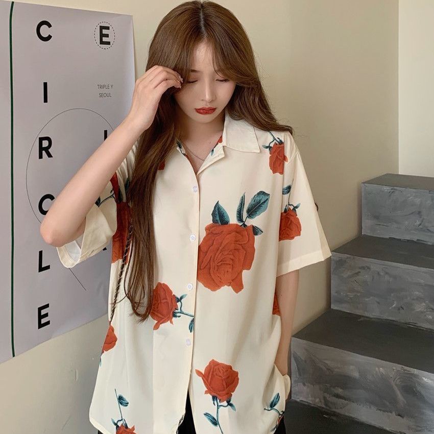Áo Sơ Mi Ngắn Tay Họa Tiết Hoa Hồng Thời Trang Dành Cho Nữ