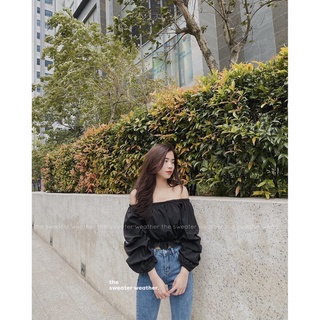 (Sp sẵn) (loại mới) ÁO TRỄ VAI TIỂU THƯ CHUN BỒNG TAY DÀI VIỀN BÈO NHÚN ULZZANG - ÁO TRỄ VAI CROPTOP ĐEN TRẮNG