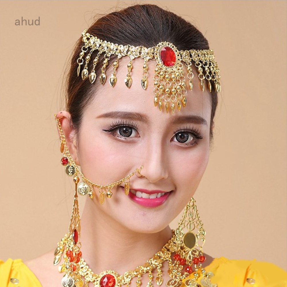 Vòng đeo đầu/ Khuyên mũi/ Khuyên tai màu vàng tua rua đính đá nhân tạo phong cách Ấn Độ thời trang dành cho nữ