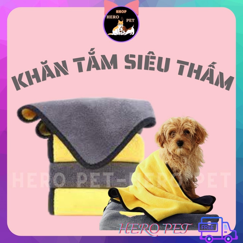 Khăn tắm cho chó mèo siêu thấm hút không đổ lông, cỡ 60x30cm - Màu ngẫu nhiên - HERO PET