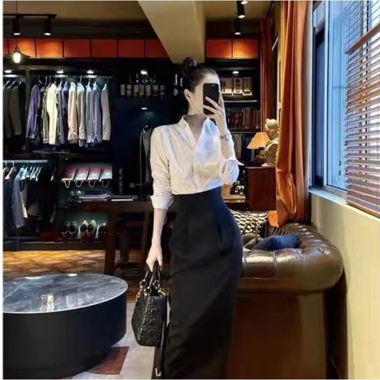 HAPPY HOMLIV Set Áo Sơ Mi Dáng Rộng + Chân Váy Ôm Phong Cách Hepburn Dành Cho Nữ