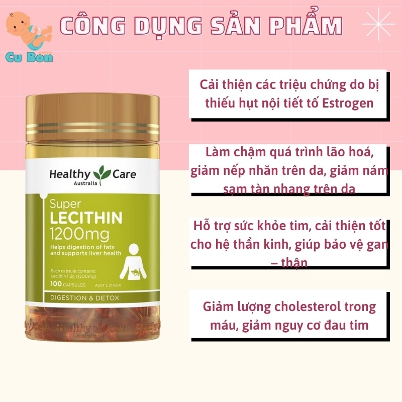 Mầm đậu nành tăng vòng 1 Healthy Care Super Lecithin 1200mg 100 viên của úc cải thiện nội tiết tố nữ đẹp da căng mịn