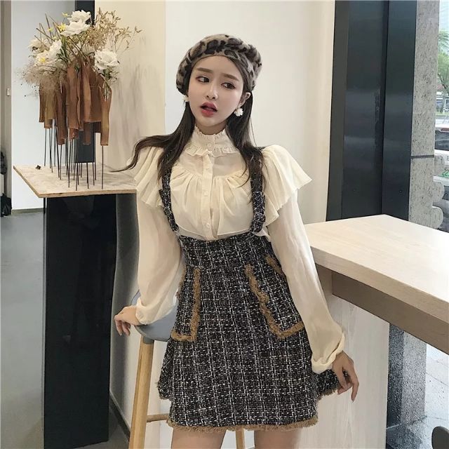 Set áo voan + váy yếm 2 dây Ulzzang bánh bèo siêu xinh
